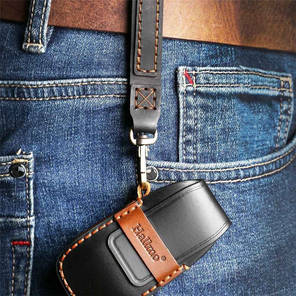 HALLMO Car Remote Key Cover for C005 18, Toyota 2-Keys Crazy Horse Cowhide Leather Protective Case - Black
