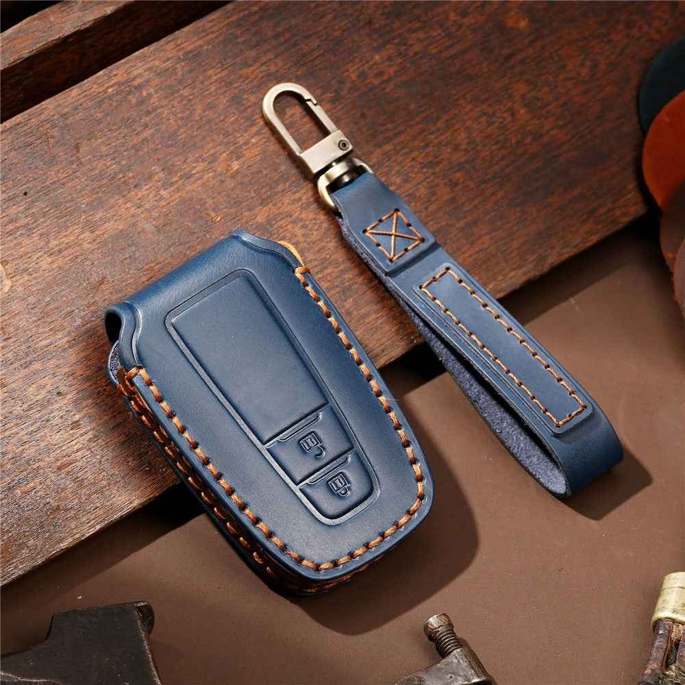 HALLMO Car Remote Key Cover for C005 18, Toyota 2-Keys Crazy Horse Cowhide Leather Protective Case - Blue