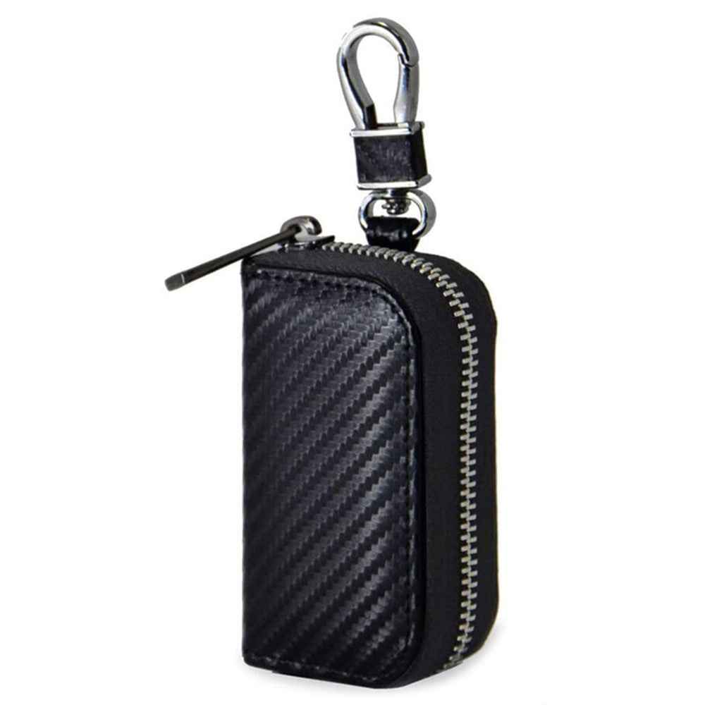 Carbon Fiber Leather Car Remote Key Protector RFID Signal Blocking Pouch Car Security Anti-Theft Bag - Black