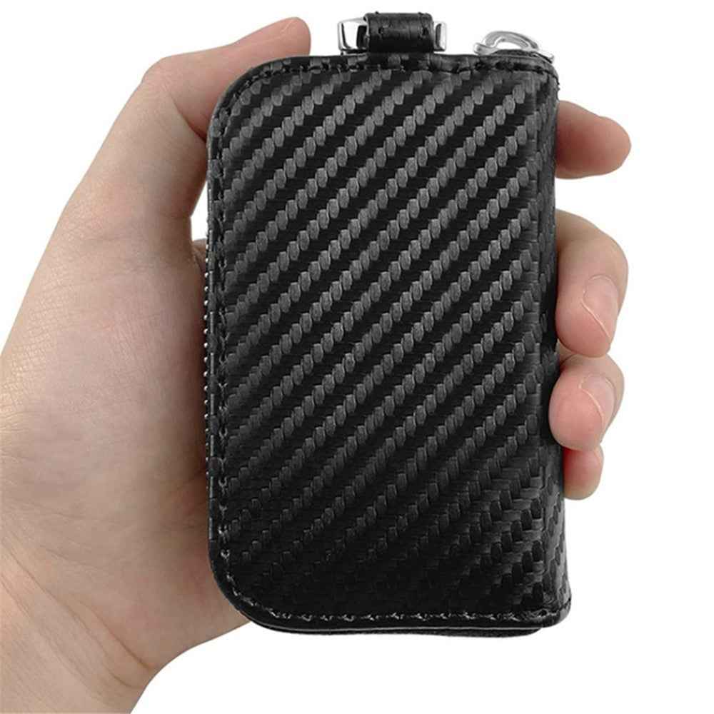 Carbon Fiber Leather Car Remote Key Protector RFID Signal Blocking Pouch Car Security Anti-Theft Bag - Black