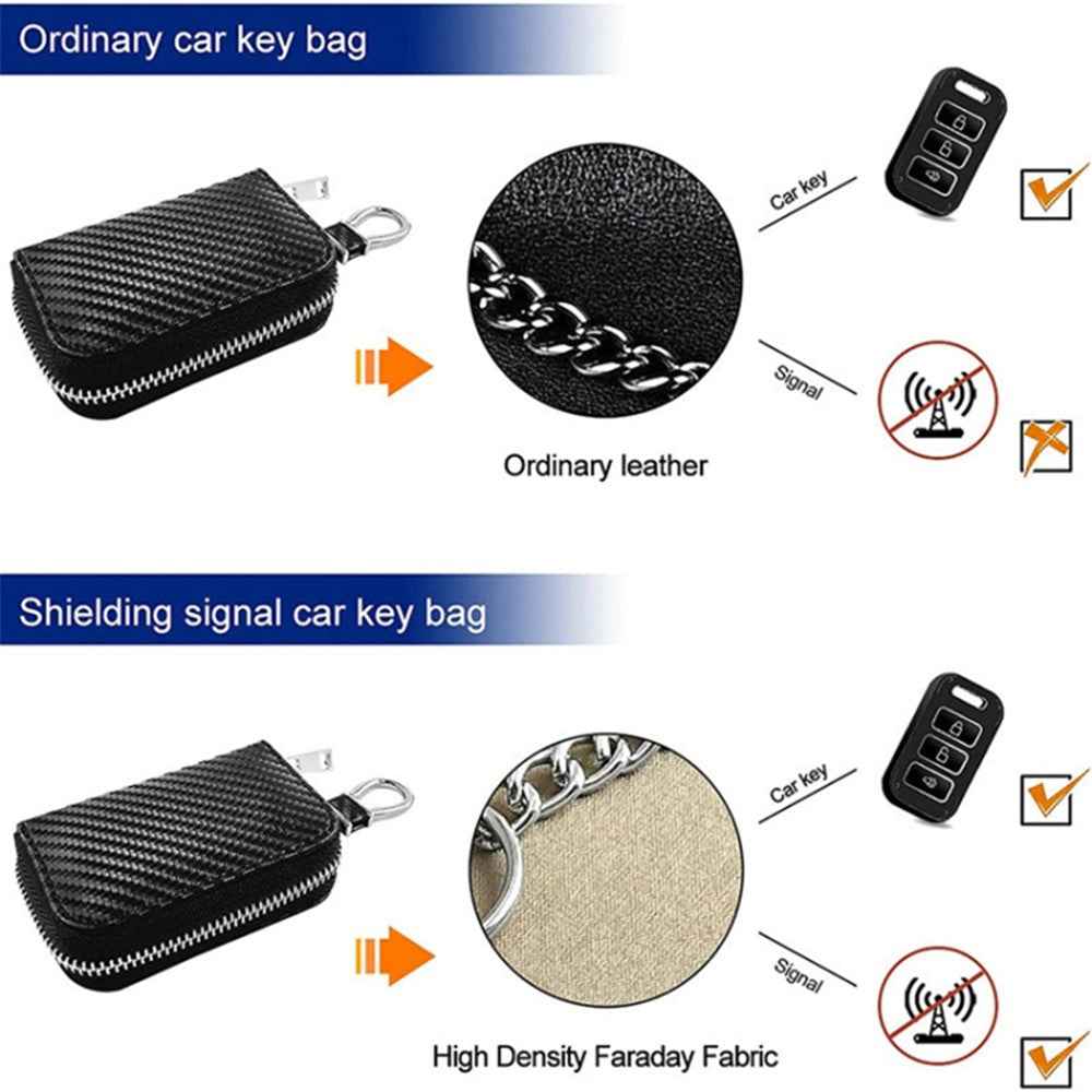 Carbon Fiber Leather Car Remote Key Protector RFID Signal Blocking Pouch Car Security Anti-Theft Bag - Black