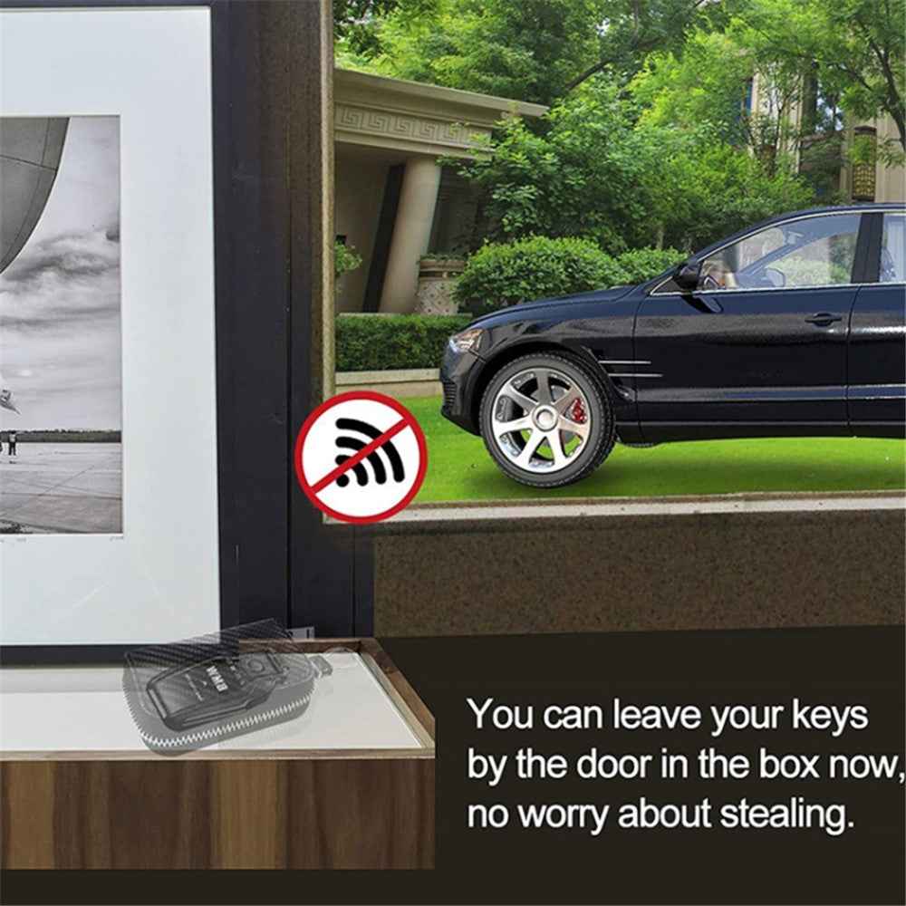 Carbon Fiber Leather Car Remote Key Protector RFID Signal Blocking Pouch Car Security Anti-Theft Bag - Black