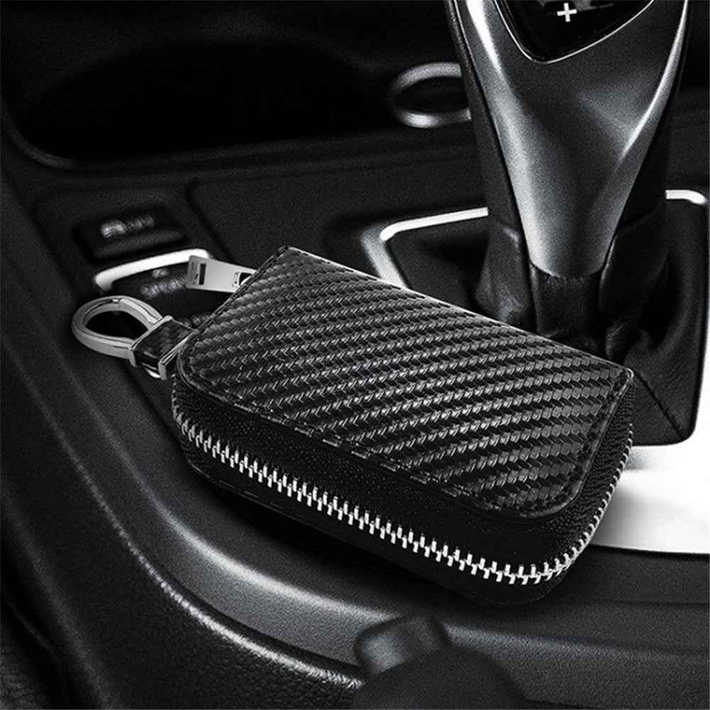Carbon Fiber Leather Car Remote Key Protector RFID Signal Blocking Pouch Car Security Anti-Theft Bag - Black