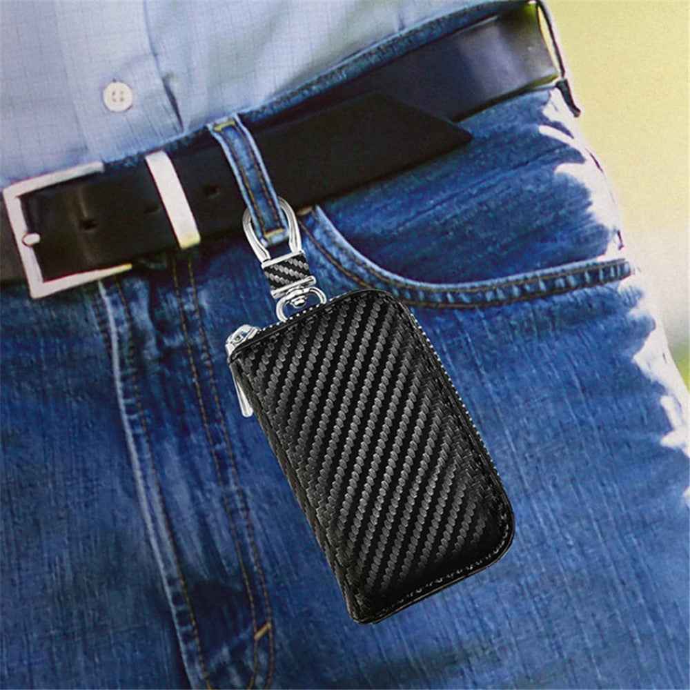 Carbon Fiber Leather Car Remote Key Protector RFID Signal Blocking Pouch Car Security Anti-Theft Bag - Black