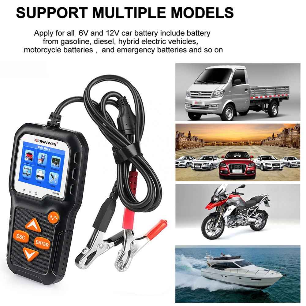 KONNWEI KW650 6-12V Car Motorcycle Battery Tester Charging Cranking Test Tool Battery Analyzer 100 to 2000 CCA