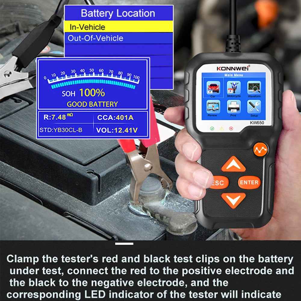 KONNWEI KW650 6-12V Car Motorcycle Battery Tester Charging Cranking Test Tool Battery Analyzer 100 to 2000 CCA