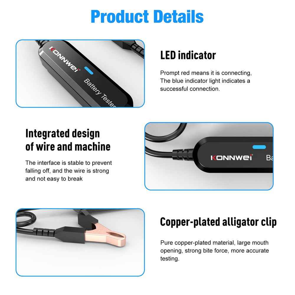 KONNWEI BK100 Automotive Wireless Bluetooth-compatible 6V 12V Battery CCA Tester Car Battery Charging Analyzer - Black