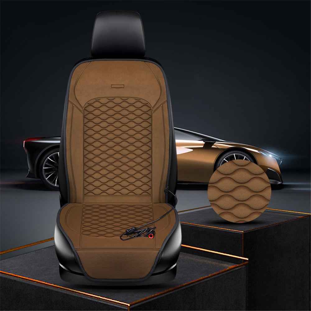 Car Winter Heated Short Plush Seat Cushion for 12V Car Electric Fast Heating Seat Cushion, Cigarette Lighter Power - Coffee