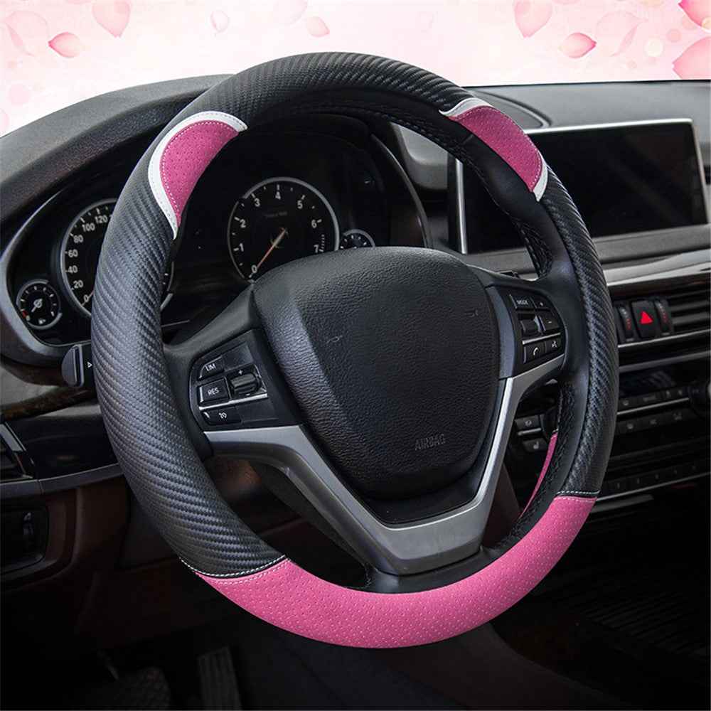 38cm Round Cute Rabbit Women Car Steering Wheel Cover Artificial Leather Anti-skid Steering Wheel Sleeve - Black+Rose