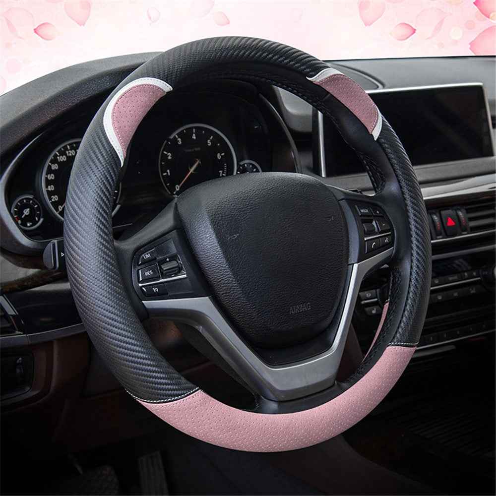 38cm Round Cute Rabbit Women Car Steering Wheel Cover Artificial Leather Anti-skid Steering Wheel Sleeve - Black+Light Pink
