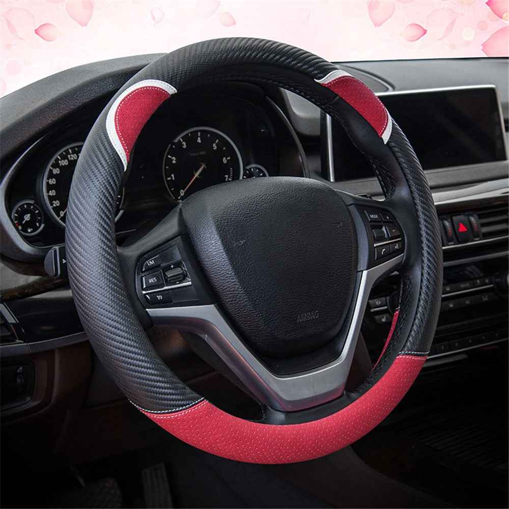 38cm Round Cute Rabbit Women Car Steering Wheel Cover Artificial Leather Anti-skid Steering Wheel Sleeve - Black+Red