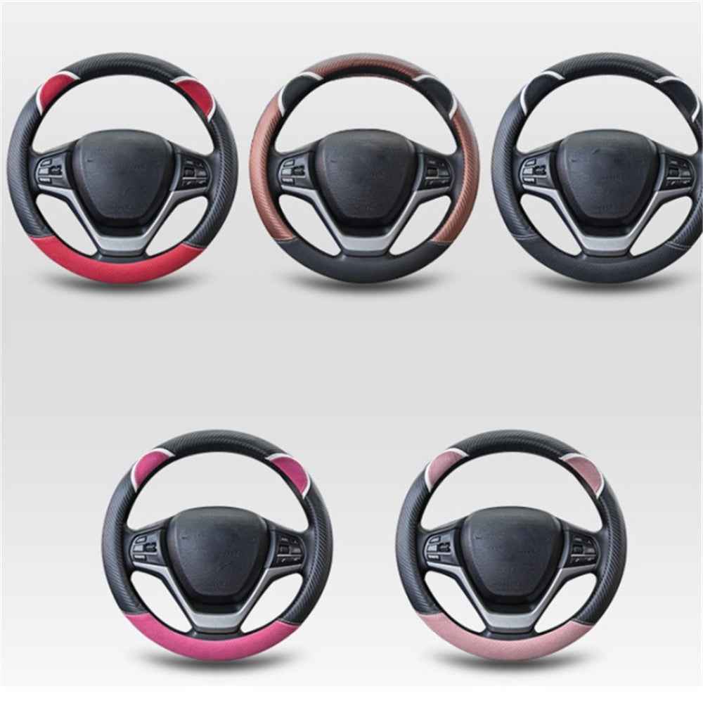 38cm Round Cute Rabbit Women Car Steering Wheel Cover Artificial Leather Anti-skid Steering Wheel Sleeve - Black+Red