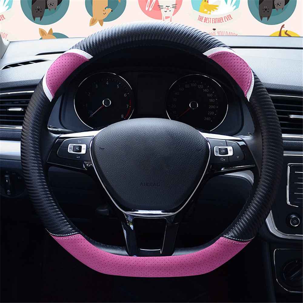 38cm D-shape Cute Rabbit Design Women Car Steering Wheel Cover Artificial Leather Anti-skid Sleeve - Black+Rose