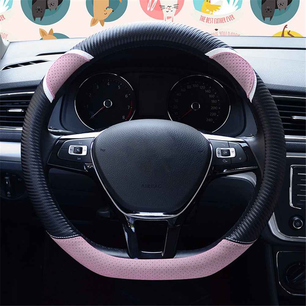 38cm D-shape Cute Rabbit Design Women Car Steering Wheel Cover Artificial Leather Anti-skid Sleeve - Black+Light Pink