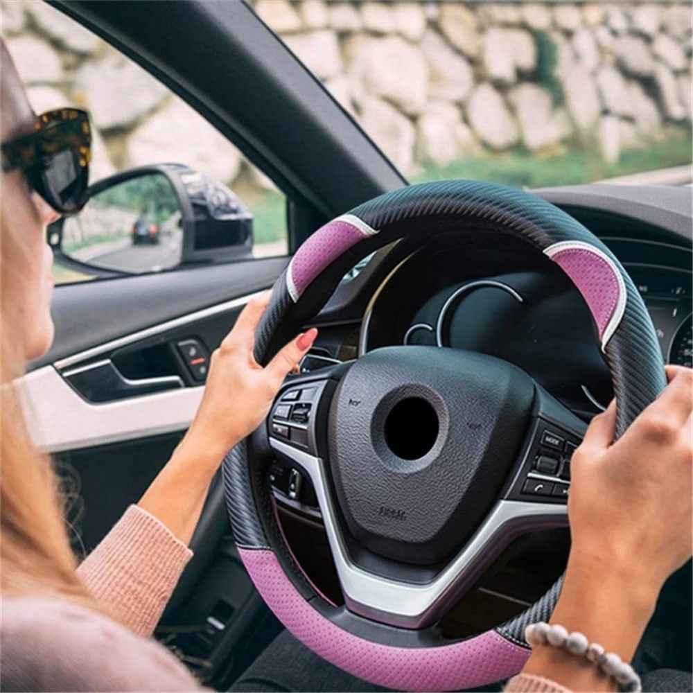 38cm D-shape Cute Rabbit Design Women Car Steering Wheel Cover Artificial Leather Anti-skid Sleeve - Black+Light Pink