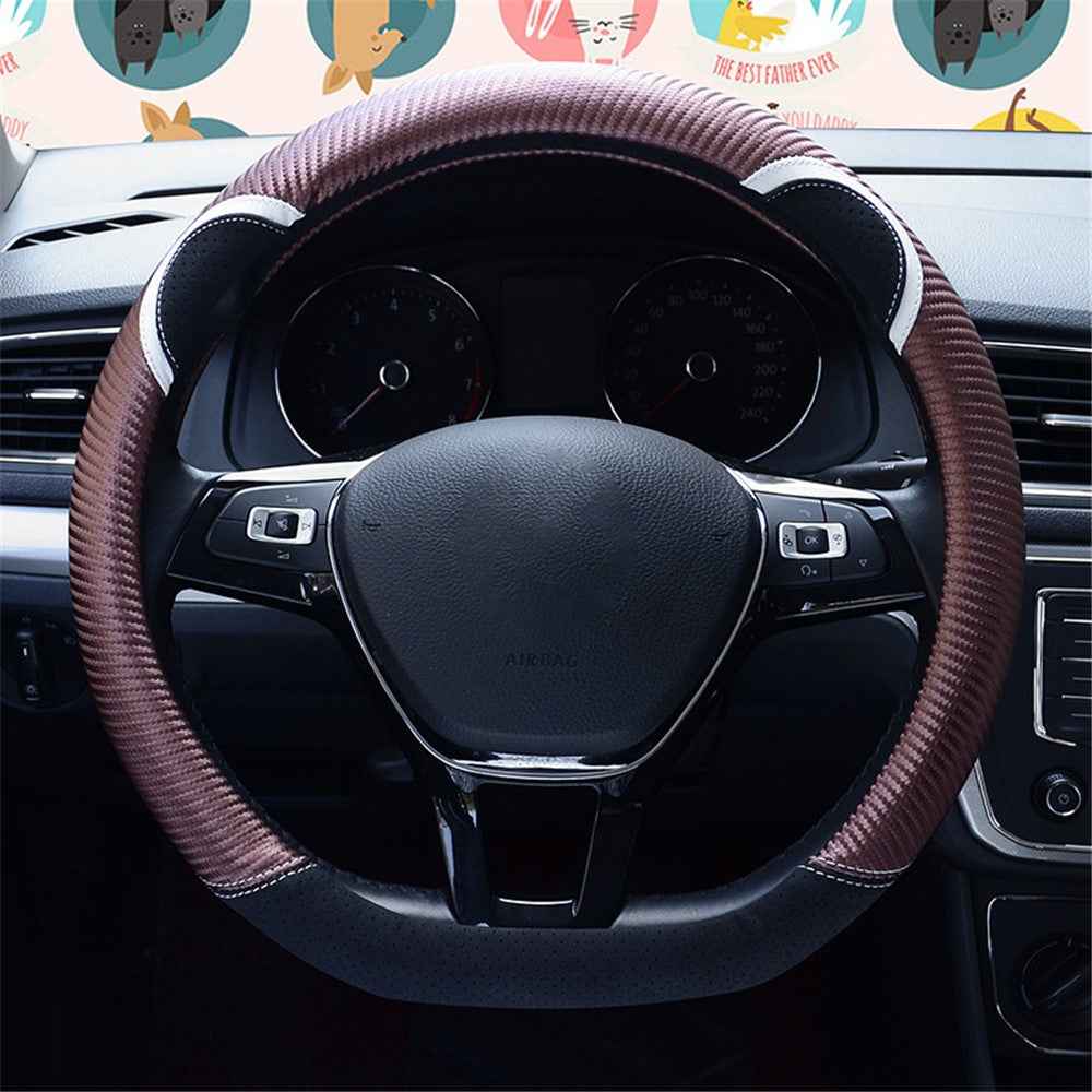 38cm D-shape Cute Rabbit Design Women Car Steering Wheel Cover Artificial Leather Anti-skid Sleeve - Black+Coffee
