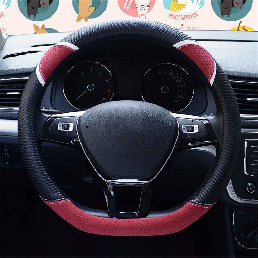 38cm D-shape Cute Rabbit Design Women Car Steering Wheel Cover Artificial Leather Anti-skid Sleeve - Black+Red