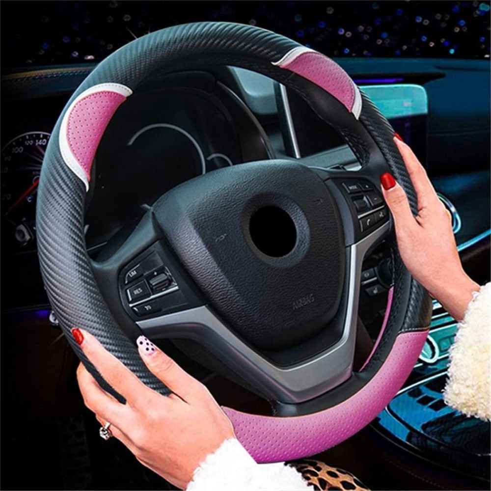 38cm D-shape Cute Rabbit Design Women Car Steering Wheel Cover Artificial Leather Anti-skid Sleeve - Black+Red