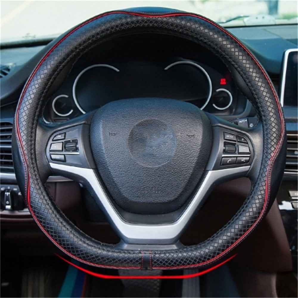 38cm Anti-Slip Embossing Genuine Cow Leather Car Steering Wheel Cover, D Type - Black+Red Edge