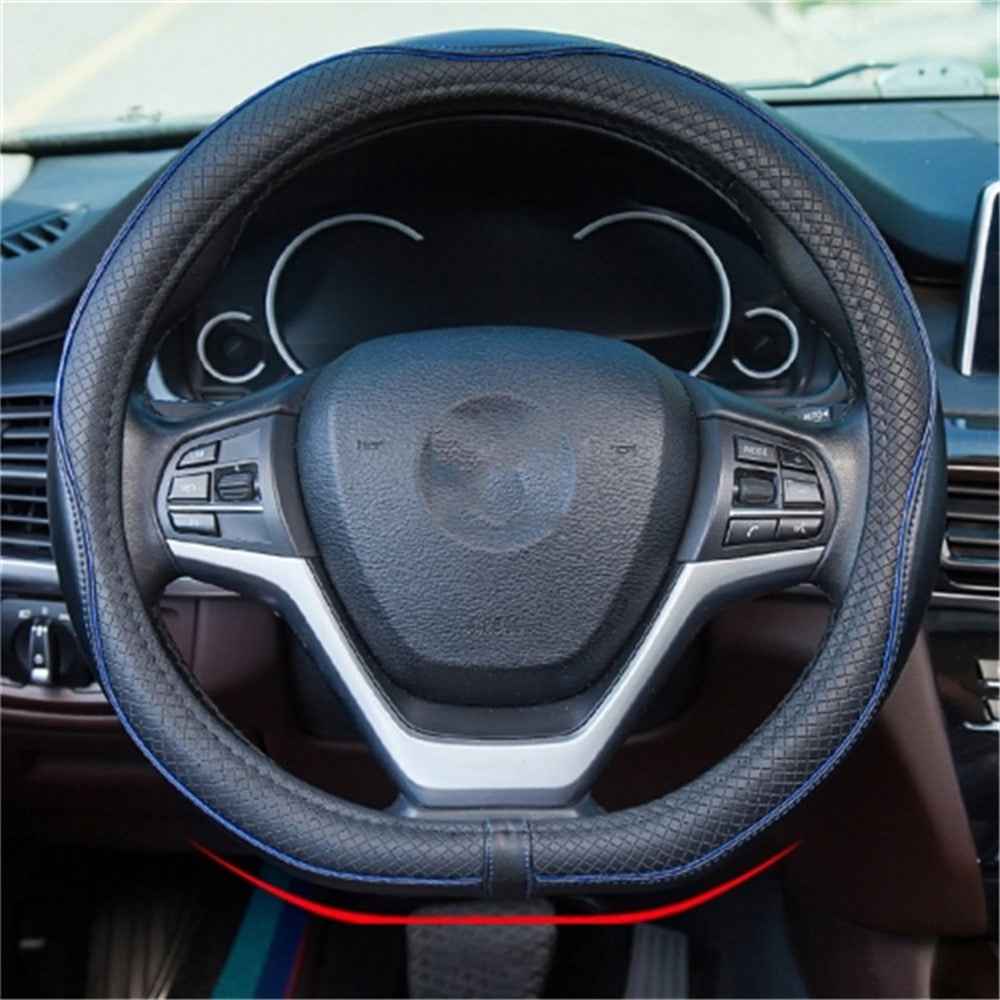 38cm Anti-Slip Embossing Genuine Cow Leather Car Steering Wheel Cover, D Type - Black+Blue Edge