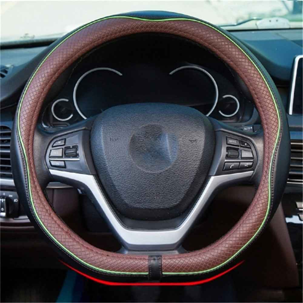 38cm Anti-Slip Embossing Genuine Cow Leather Car Steering Wheel Cover, D Type - Black+Dark Coffee
