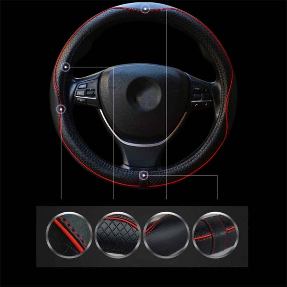 38cm Anti-Slip Embossing Genuine Cow Leather Car Steering Wheel Cover, D Type - Black+Dark Coffee