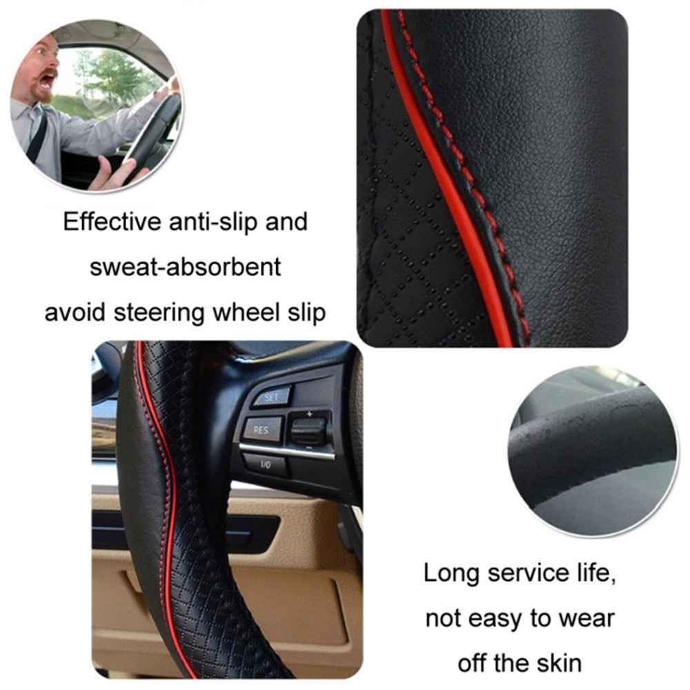 38cm Anti-Slip Embossing Genuine Cow Leather Car Steering Wheel Cover, D Type - Black+Dark Coffee
