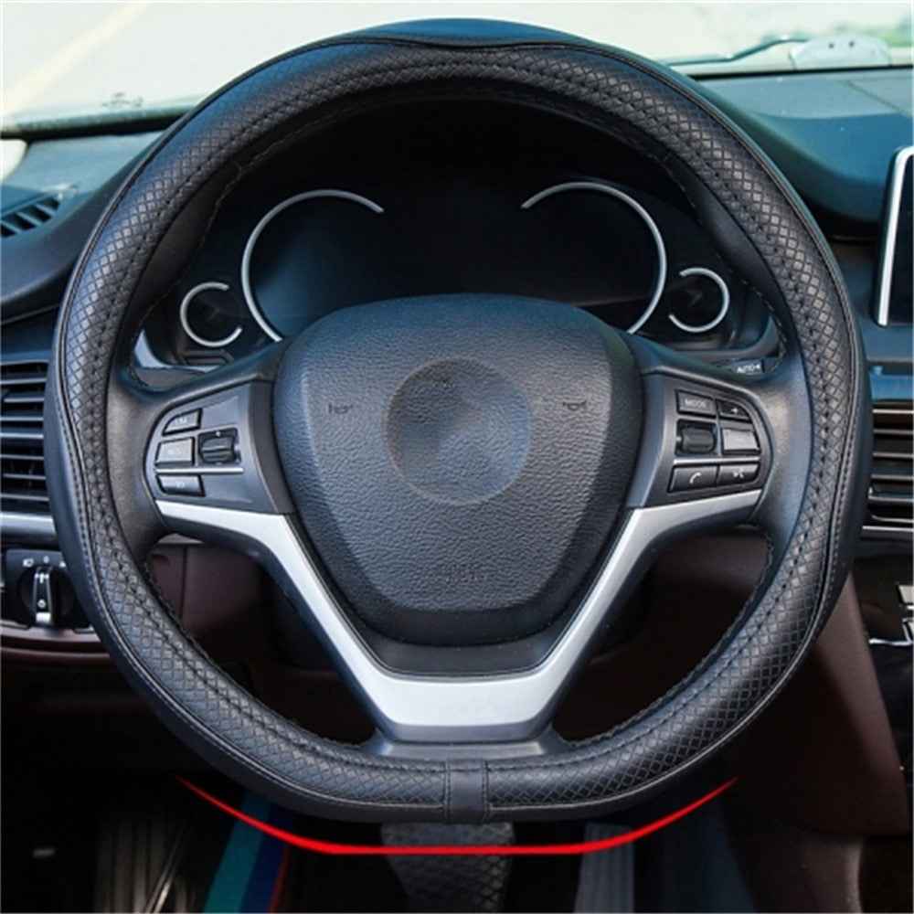38cm Anti-Slip Embossing Genuine Cow Leather Car Steering Wheel Cover, D Type - Full Black