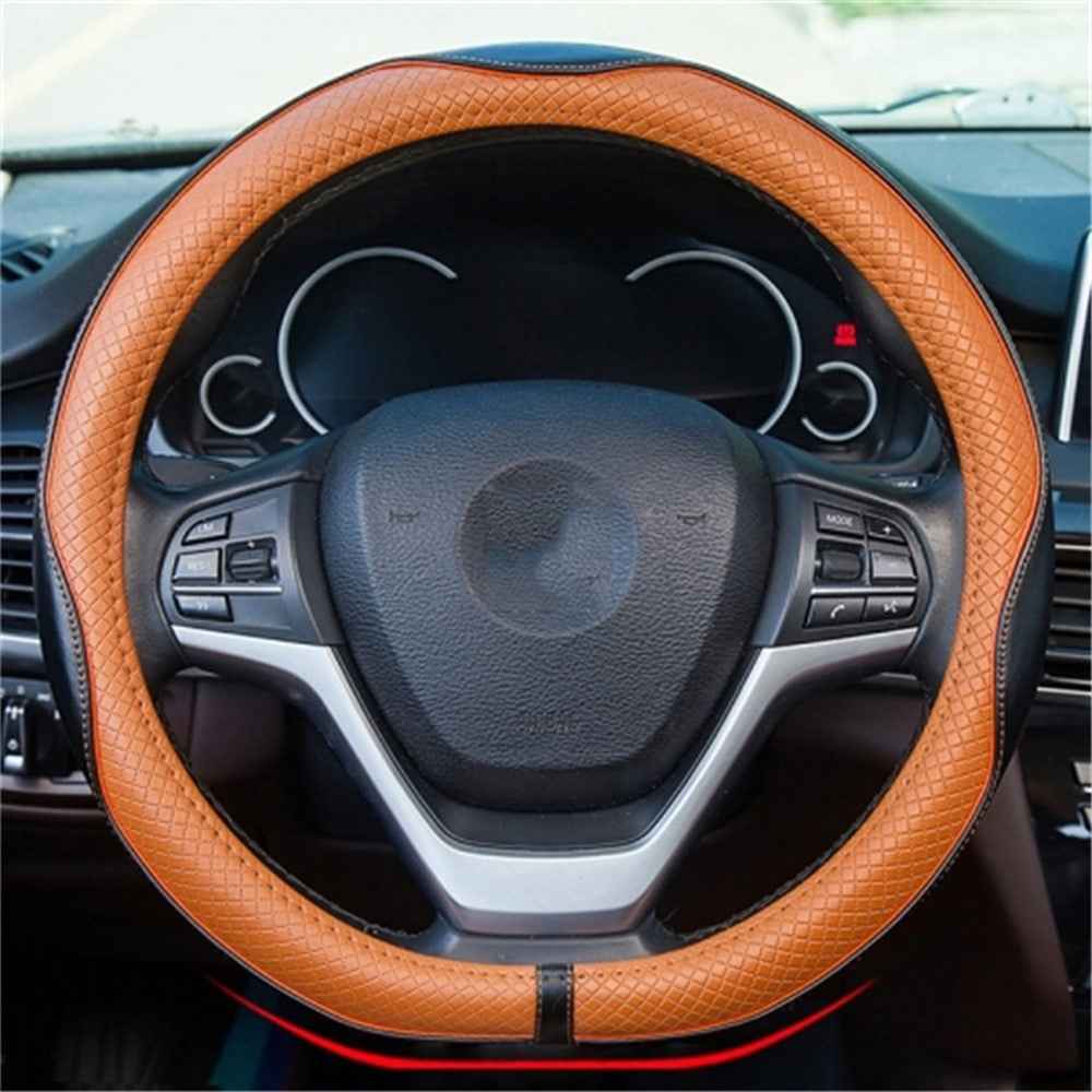 38cm Anti-Slip Embossing Genuine Cow Leather Car Steering Wheel Cover, D Type - Black+Light Coffee