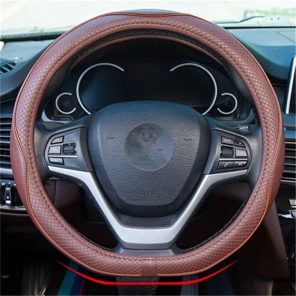 38cm Anti-Slip Embossing Genuine Cow Leather Car Steering Wheel Cover, D Type - Full Coffee