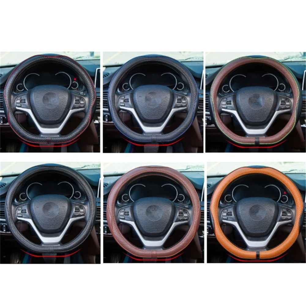 38cm Anti-Slip Embossing Genuine Cow Leather Car Steering Wheel Cover, D Type - Full Coffee