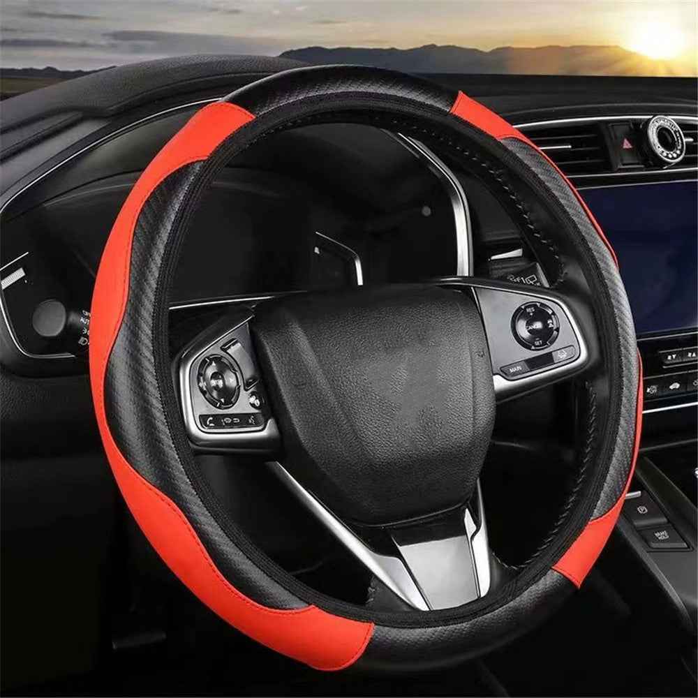 38cm Carbon Fiber Texture Car Steering Wheel Cover Leather Anti-skid Steering Wheel Sleeve - Red
