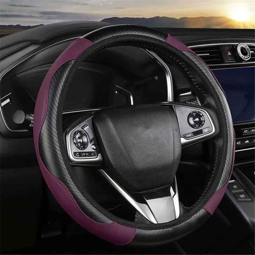 38cm Carbon Fiber Texture Car Steering Wheel Cover Leather Anti-skid Steering Wheel Sleeve - Purple