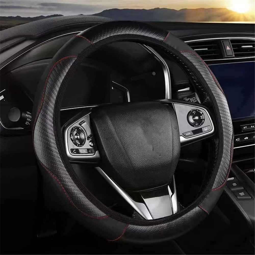 38cm Carbon Fiber Texture Car Steering Wheel Cover Leather Anti-skid Steering Wheel Sleeve - Black