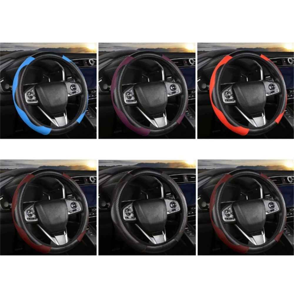 38cm Carbon Fiber Texture Car Steering Wheel Cover Leather Anti-skid Steering Wheel Sleeve - Black