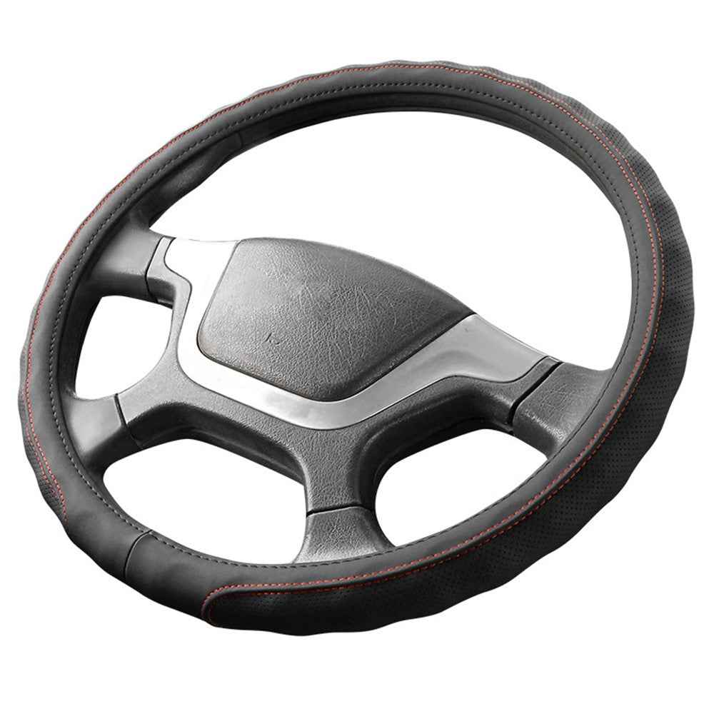 45CM Non-Slip Car Truck Leather Steering Wheel Cover Sleeve for Men and Women - Black+Red Line