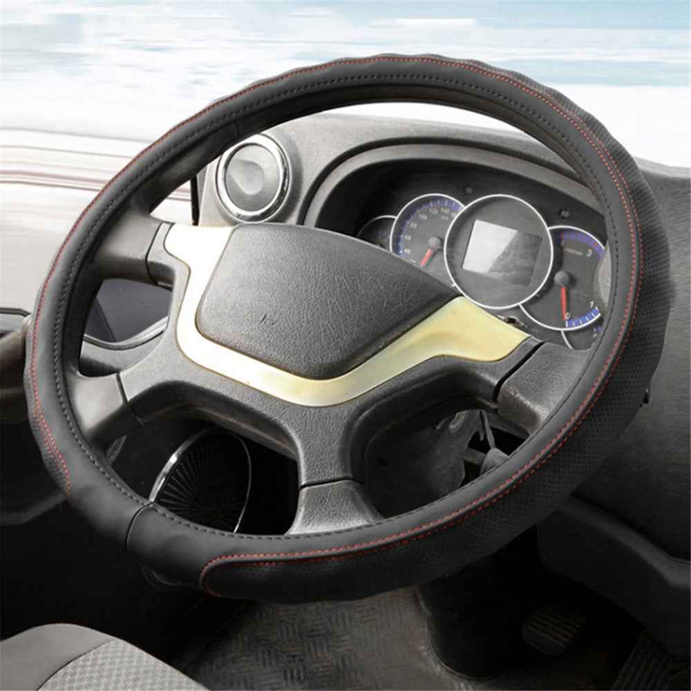 45CM Non-Slip Car Truck Leather Steering Wheel Cover Sleeve for Men and Women - Black+Red Line