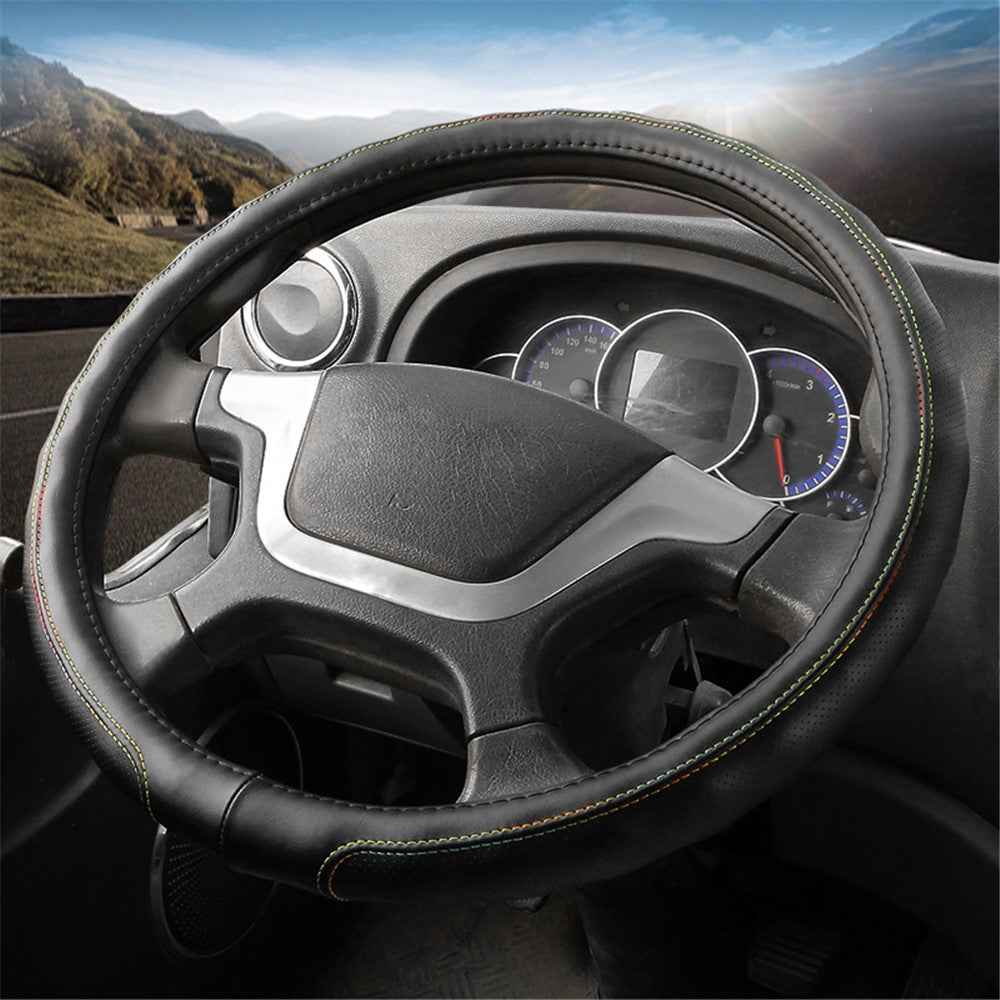 45CM Non-Slip Car Truck Leather Steering Wheel Cover Sleeve for Men and Women - Black+Colorful Line
