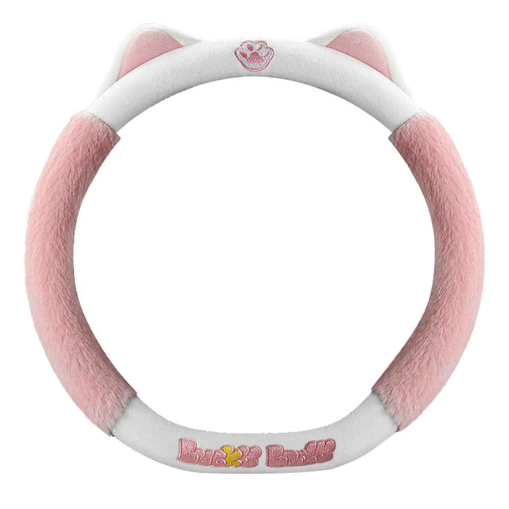38cm Plush Steering Wheel Cover Cute Cat Non-Slip Car Steering Wheel Protector for Winter Warm - Pink