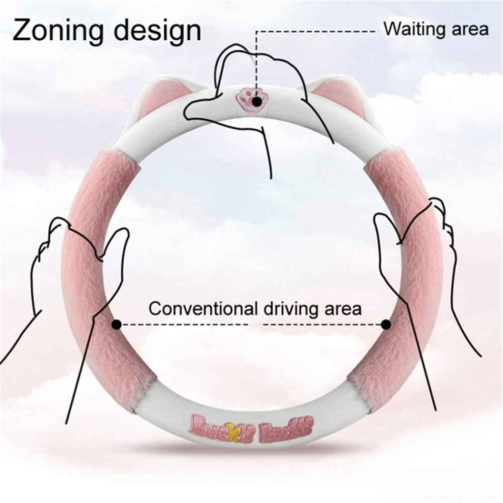 38cm Plush Steering Wheel Cover Cute Cat Non-Slip Car Steering Wheel Protector for Winter Warm - Pink