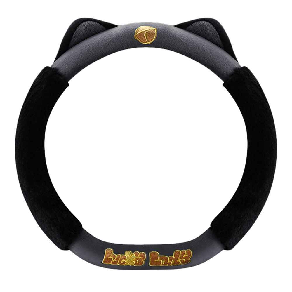 38cm Plush Steering Wheel Cover Cute Cat Non-Slip Car Steering Wheel Protector for Winter Warm - Black Grey