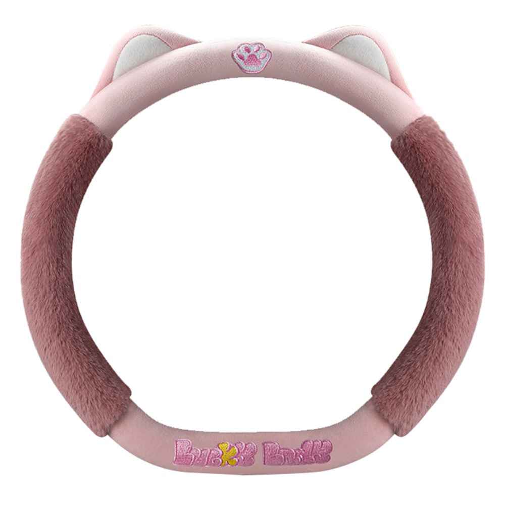 38cm Plush Steering Wheel Cover Cute Cat Non-Slip Car Steering Wheel Protector for Winter Warm - Lotus Pink