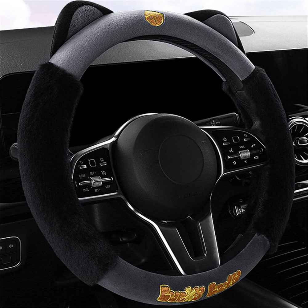38cm Plush Steering Wheel Cover Cute Cat Non-Slip Car Steering Wheel Protector for Winter Warm - Ginkgo Yellow