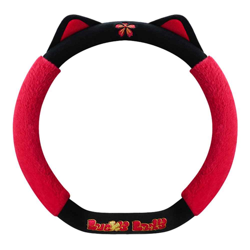 38cm Plush Steering Wheel Cover Cute Cat Non-Slip Car Steering Wheel Protector for Winter Warm - Black Red
