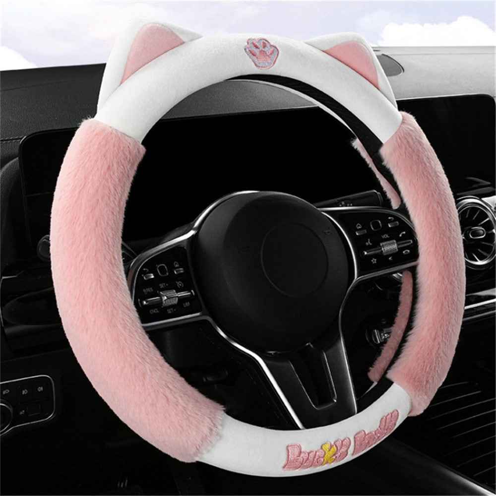 38cm Plush Steering Wheel Cover Cute Cat Non-Slip Car Steering Wheel Protector for Winter Warm - Black Red