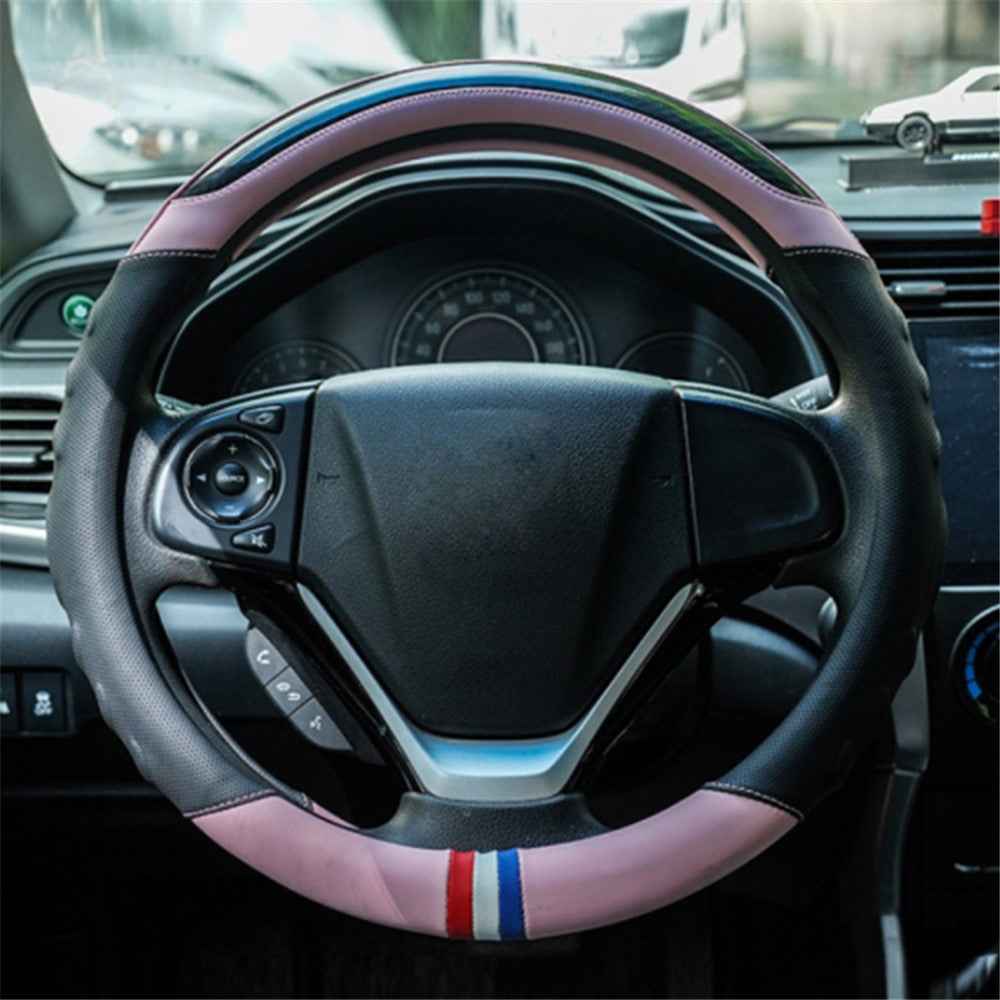 38CM O-Shaped Car Steering Wheel Cover Splicing Color Microfiber Leather Sleeve Protector - Pink