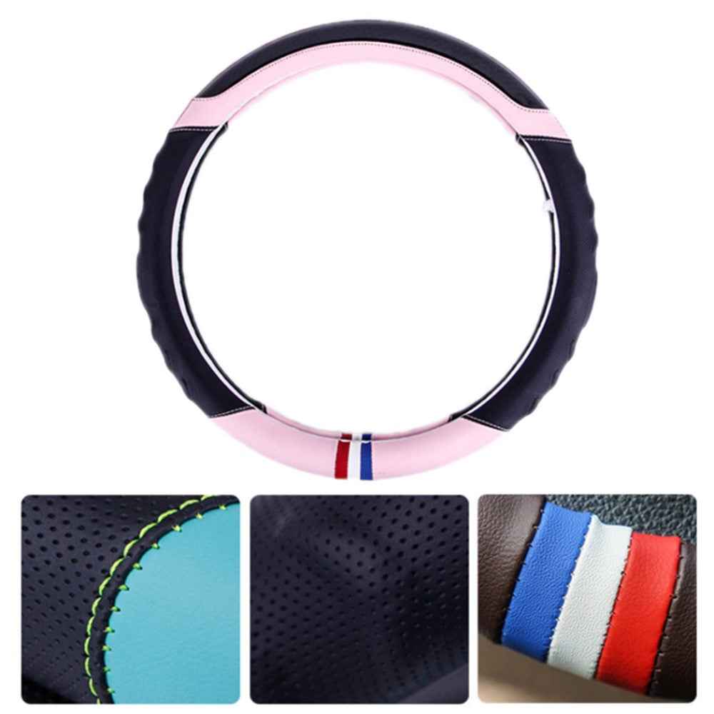 38CM O-Shaped Car Steering Wheel Cover Splicing Color Microfiber Leather Sleeve Protector - Pink