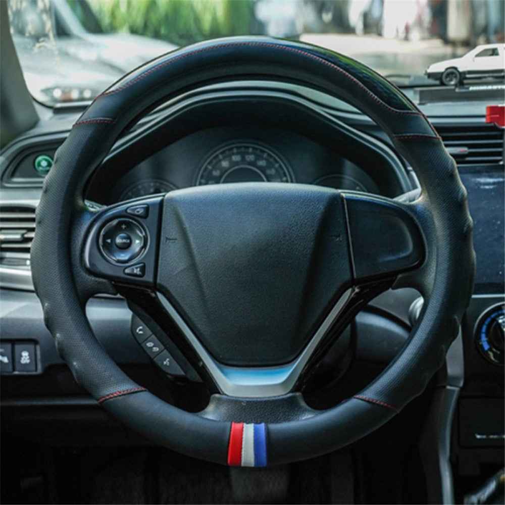 38CM O-Shaped Car Steering Wheel Cover Splicing Color Microfiber Leather Sleeve Protector - Black