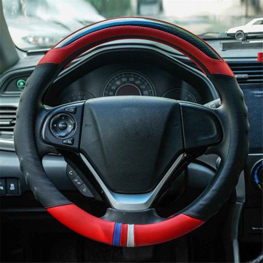 38CM O-Shaped Car Steering Wheel Cover Splicing Color Microfiber Leather Sleeve Protector - Red
