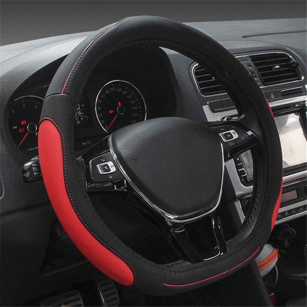 38cm D-shape Car Steering Wheel Cover Imitation Leather Anti-skid Steering Wheel Sleeve - Black+Red